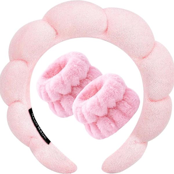 Plush Pink Spa Headband & Wristband Set – Soft, Non-Slip Terry Cloth for Skincare & Makeup